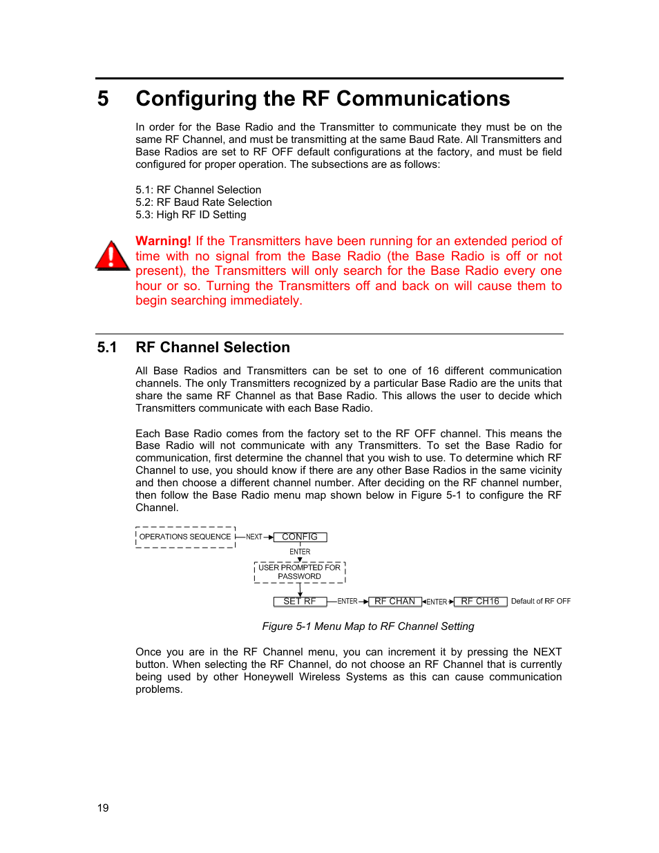Configuring the rf communications, Rf c, Hannel | Election, Figure 5-1 menu map to rf channel setting, 5 configuring the rf communications, 1 rf channel selection | Honeywell ISM BAND XYR 5000 LINE User Manual | Page 26 / 49