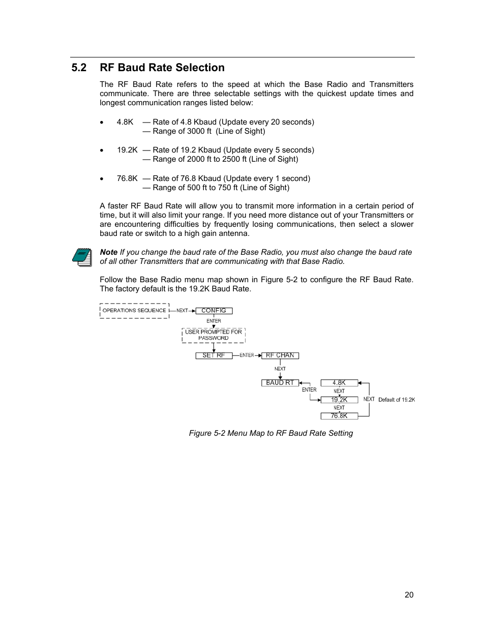 Rf b, Election, Figure 5-2 menu map to rf baud rate setting | Rf baud rate selection, 2 rf baud rate selection | Honeywell ISM BAND XYR 5000 LINE User Manual | Page 27 / 49