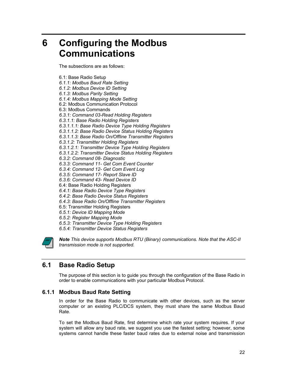 Configuring the modbus communications, Adio, Etup | Modbus baud rate setting, 6 configuring the modbus communications | Honeywell ISM BAND XYR 5000 LINE User Manual | Page 29 / 49