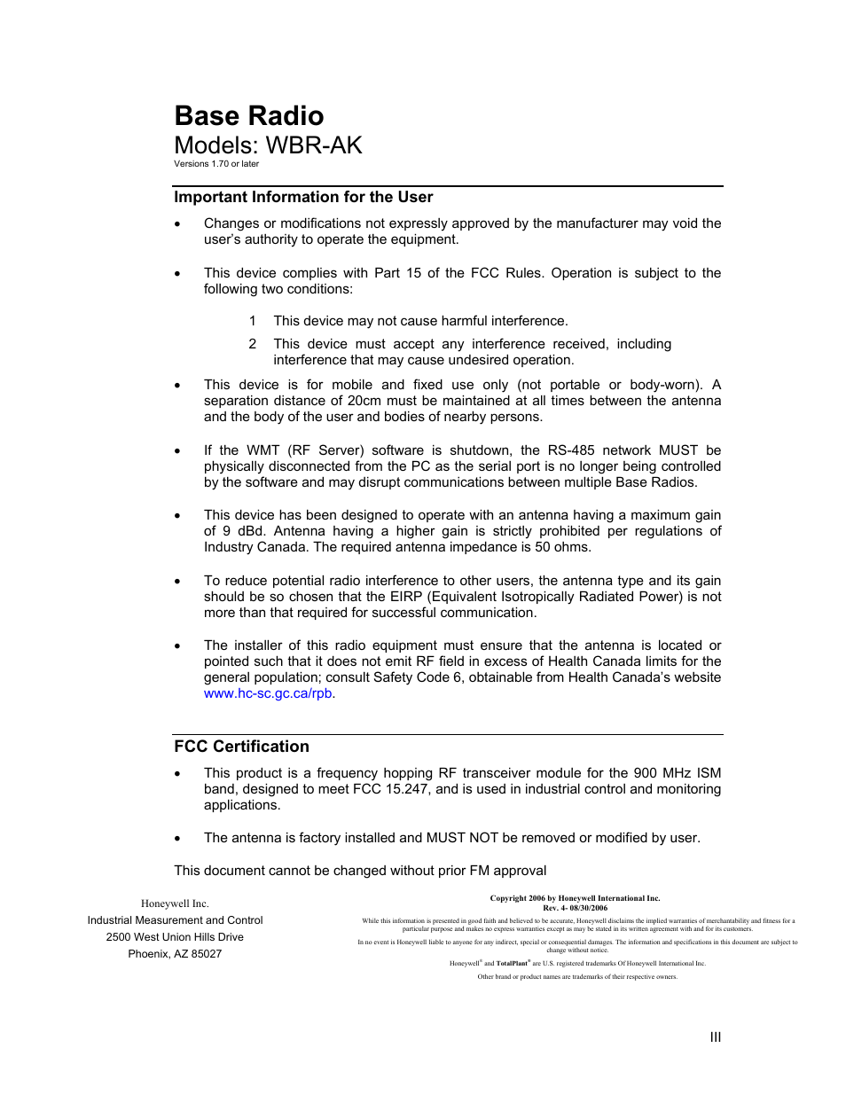 Base radio, Models: wbr-ak, Fcc certification | Important information for the user | Honeywell ISM BAND XYR 5000 LINE User Manual | Page 3 / 49