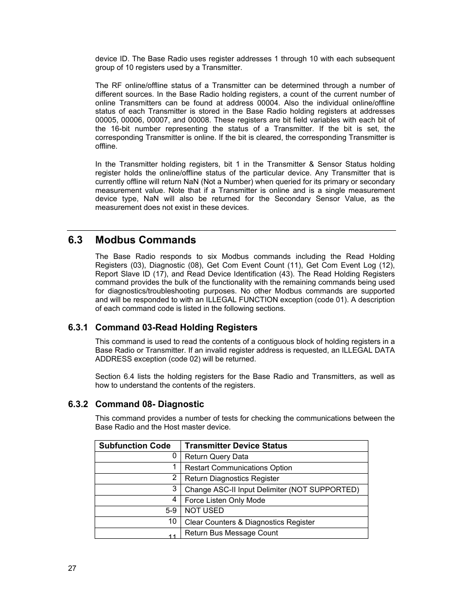 Odbus, Ommands, Command 03-read holding registers | Command 08- diagnostic, 3 modbus commands | Honeywell ISM BAND XYR 5000 LINE User Manual | Page 34 / 49