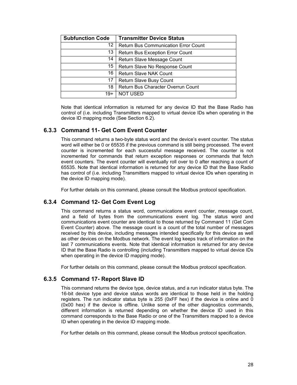 Command 11- get com event counter, Command 12- get com event log, Command 17- report slave id | Honeywell ISM BAND XYR 5000 LINE User Manual | Page 35 / 49