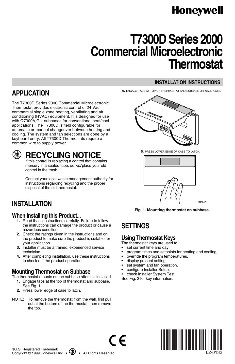 Honeywell SERIES 2000 T7300D User Manual | 12 pages