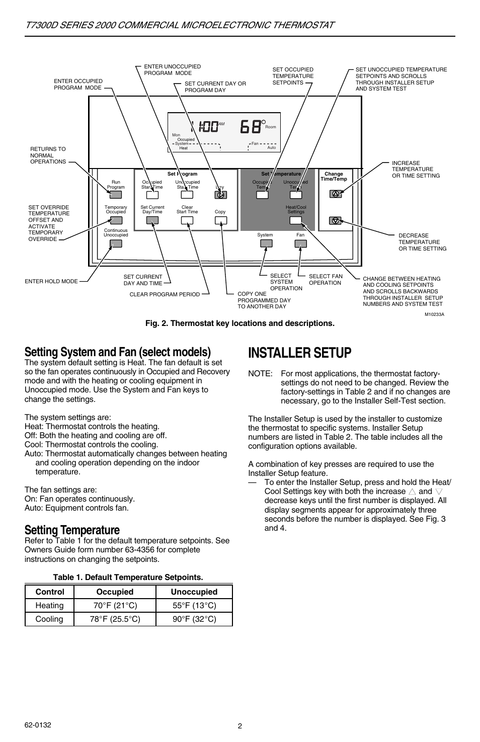 Installer setup, Setting system and fan (select models), Setting temperature | Honeywell SERIES 2000 T7300D User Manual | Page 2 / 12