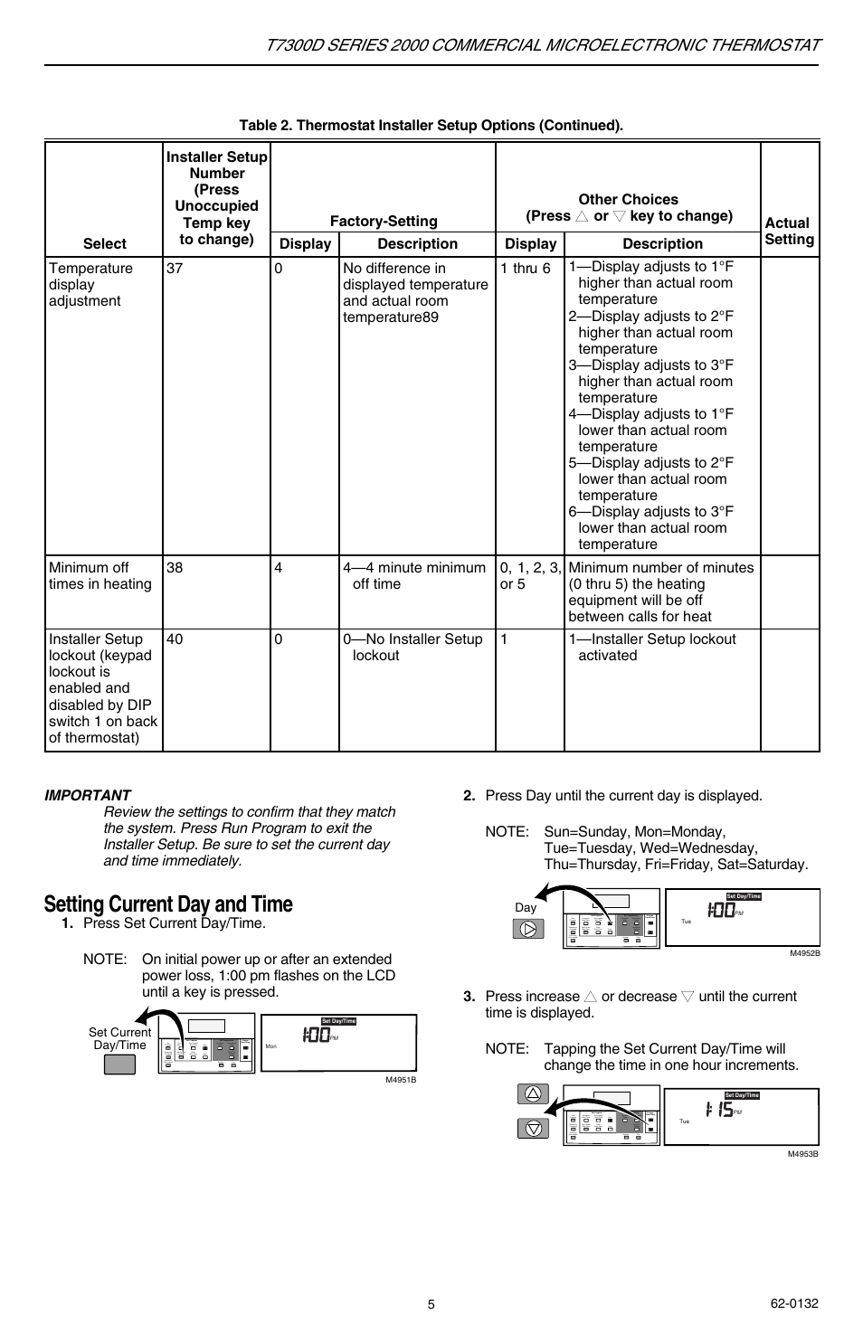 Setting current day and time | Honeywell SERIES 2000 T7300D User Manual | Page 5 / 12