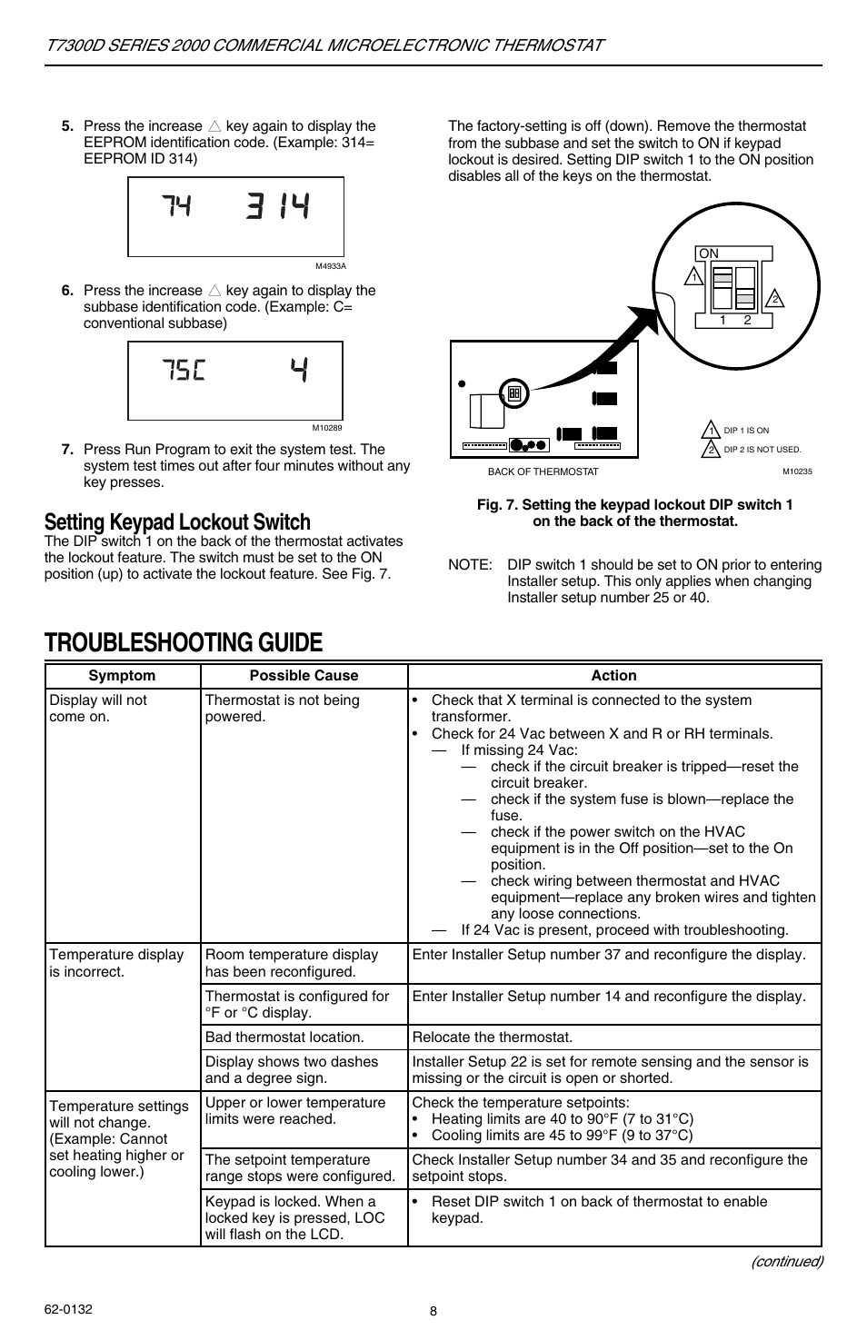 Troubleshooting guide, Setting keypad lockout switch | Honeywell SERIES 2000 T7300D User Manual | Page 8 / 12