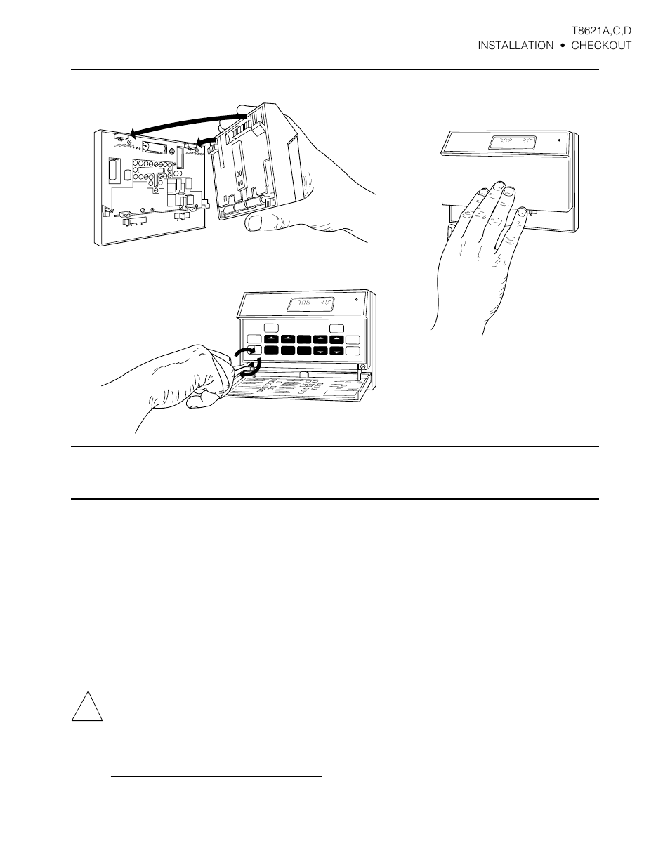 Checkout, Caution, A. b. c | Fig. 17—mounting thermostat on subbase | Honeywell CHRONOTHERM T8621A User Manual | Page 17 / 32