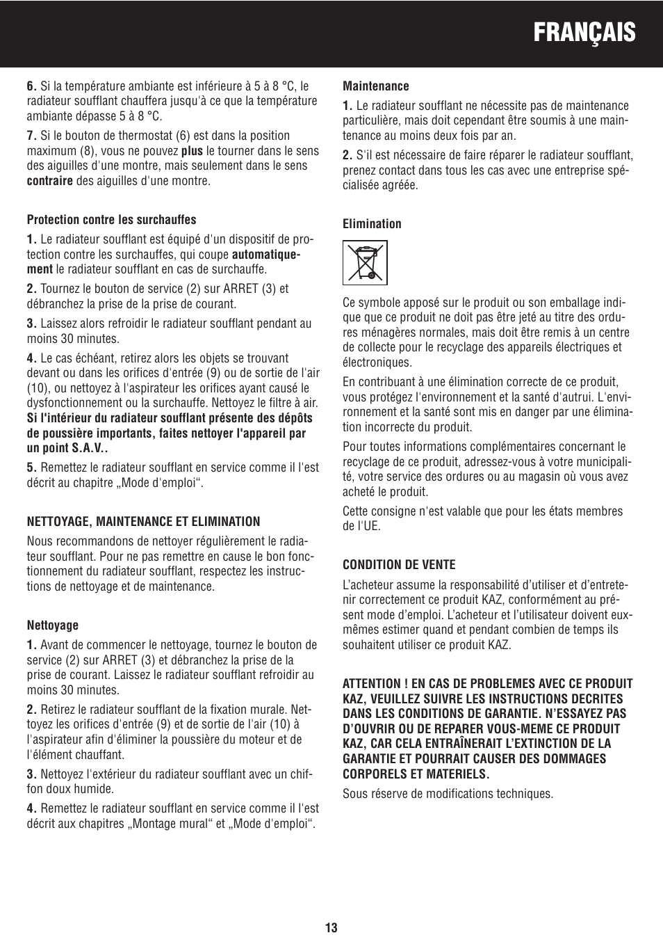 Français | Honeywell BH-777FTE User Manual | Page 13 / 78