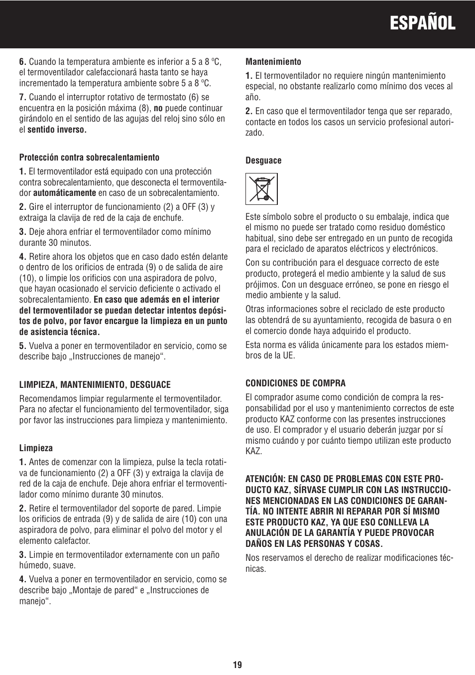 Español | Honeywell BH-777FTE User Manual | Page 19 / 78