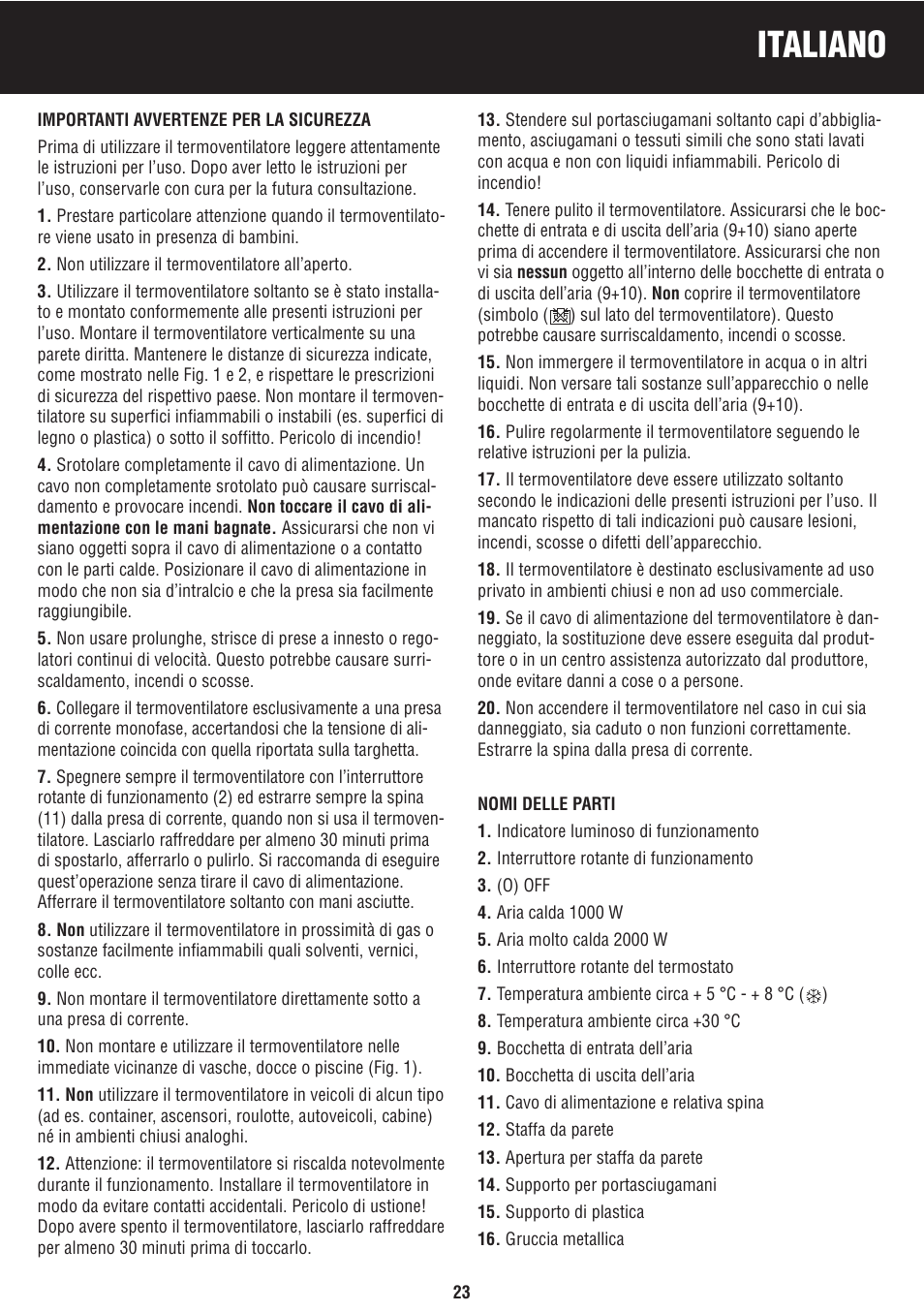 Italiano | Honeywell BH-777FTE User Manual | Page 23 / 78