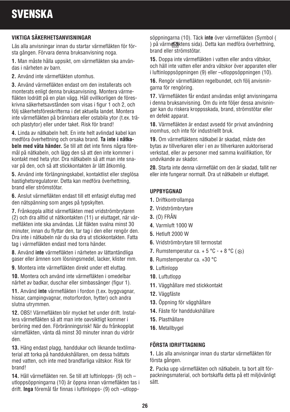 Svenska | Honeywell BH-777FTE User Manual | Page 26 / 78