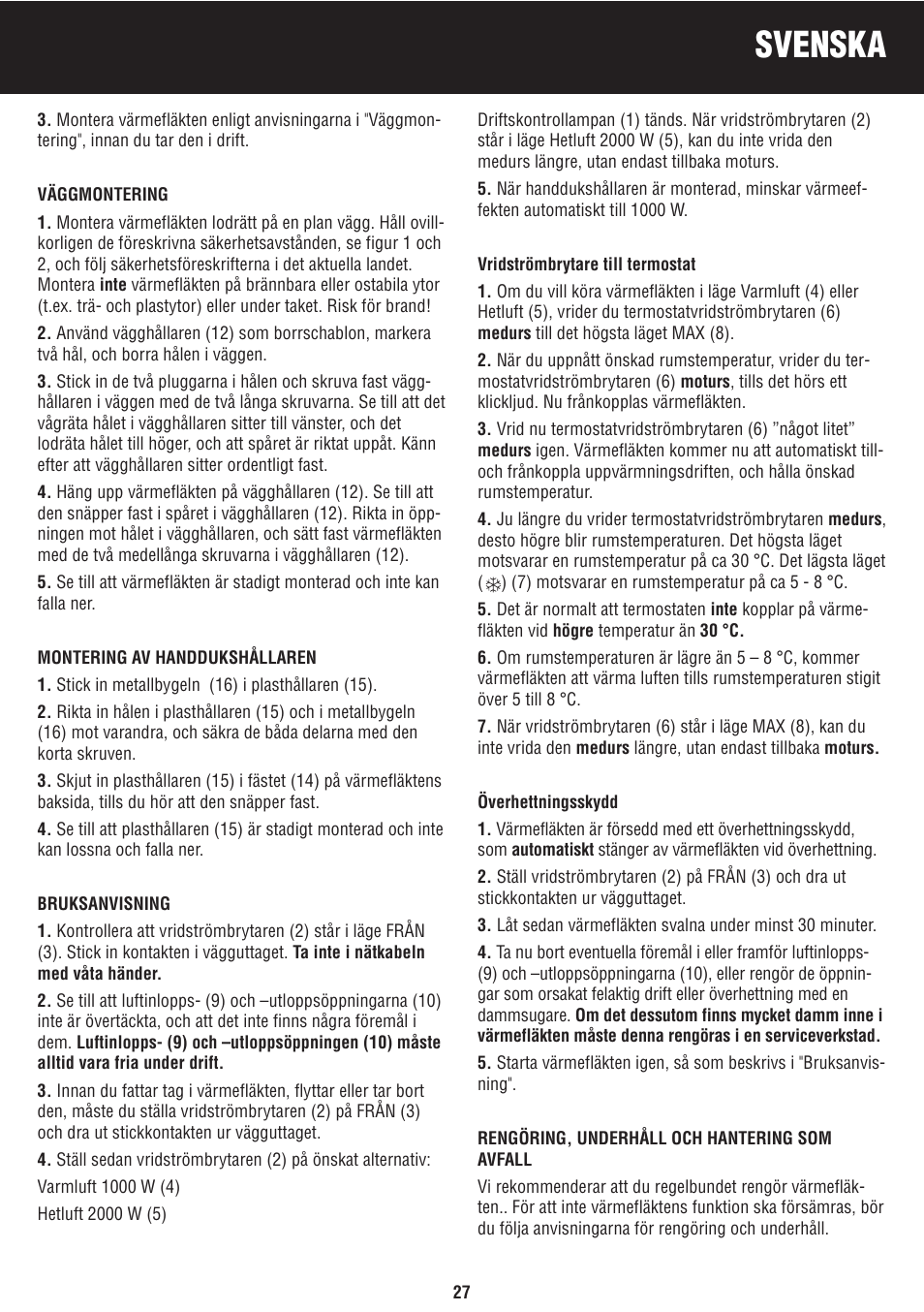 Svenska | Honeywell BH-777FTE User Manual | Page 27 / 78