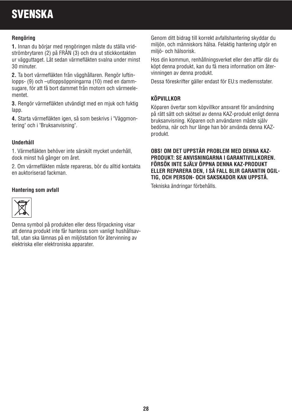 Svenska | Honeywell BH-777FTE User Manual | Page 28 / 78