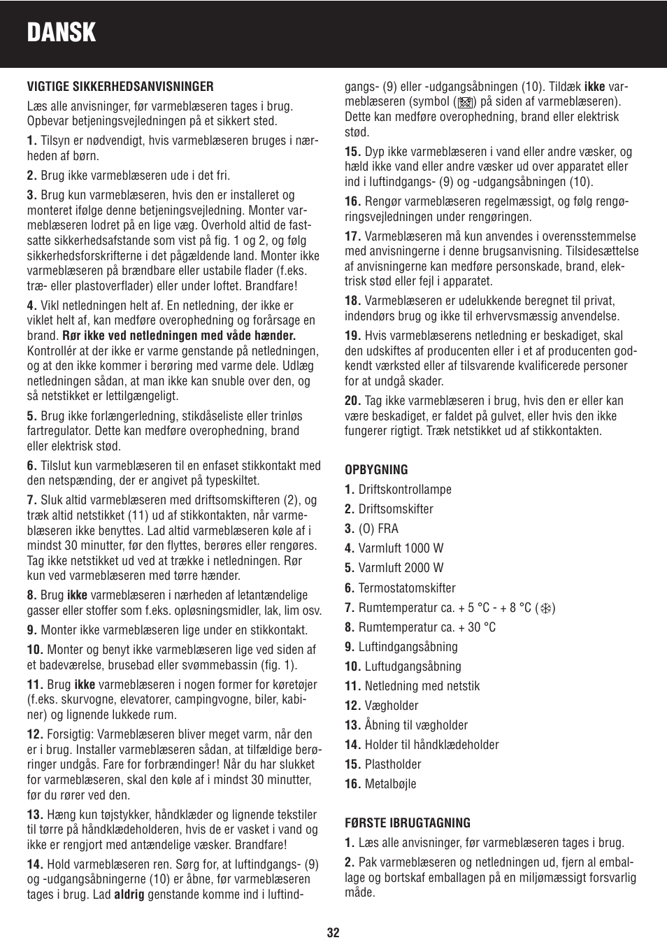 Dansk | Honeywell BH-777FTE User Manual | Page 32 / 78