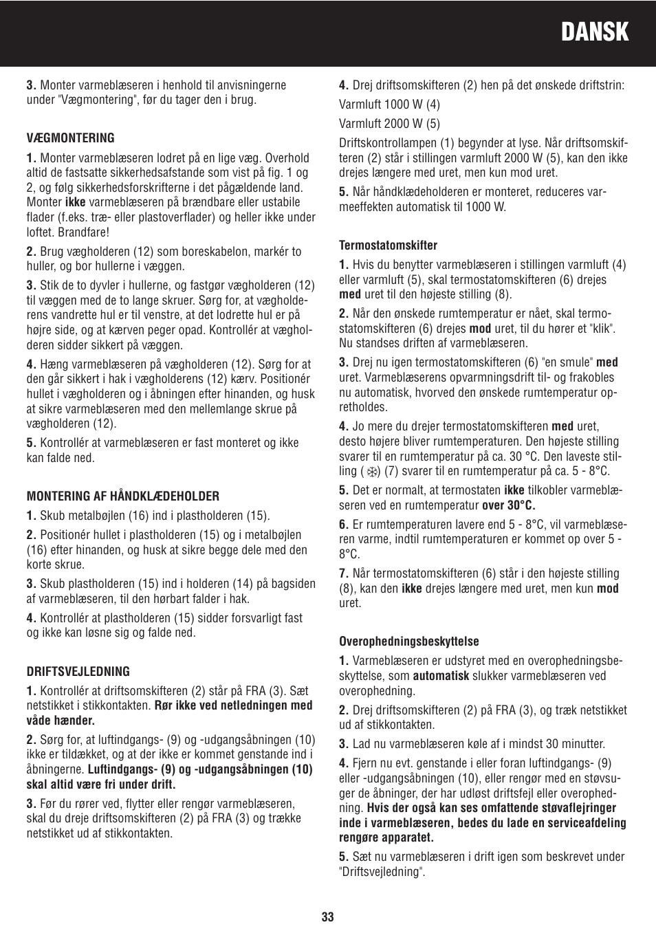 Dansk | Honeywell BH-777FTE User Manual | Page 33 / 78