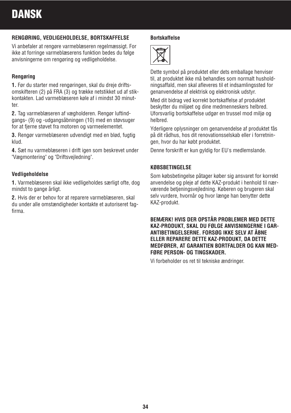 Dansk | Honeywell BH-777FTE User Manual | Page 34 / 78