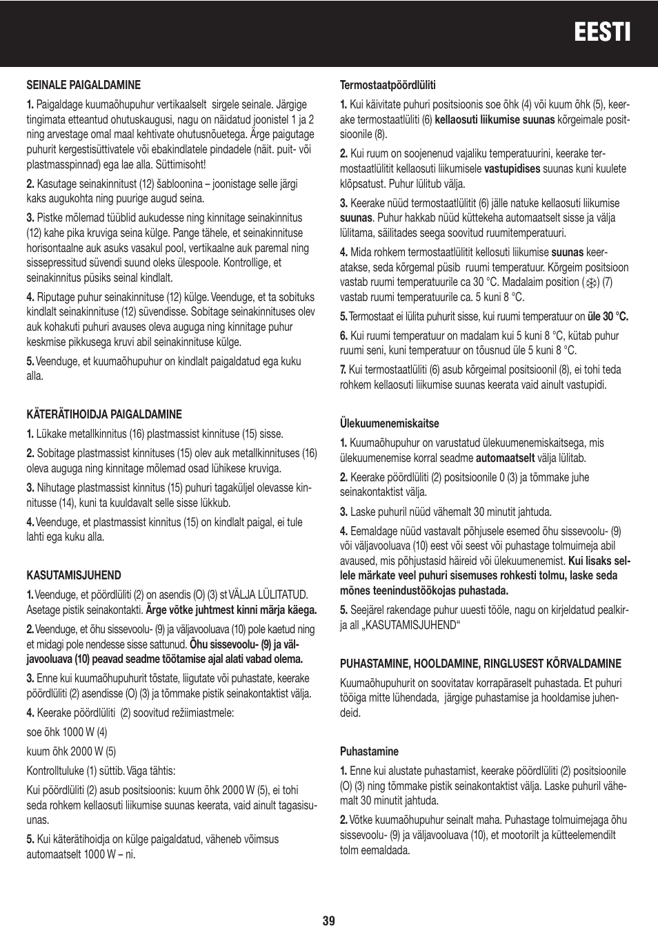 Eesti | Honeywell BH-777FTE User Manual | Page 39 / 78