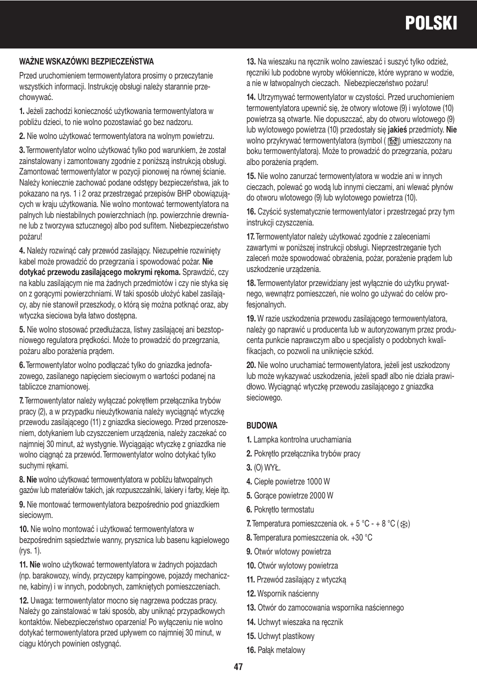 Polski | Honeywell BH-777FTE User Manual | Page 47 / 78