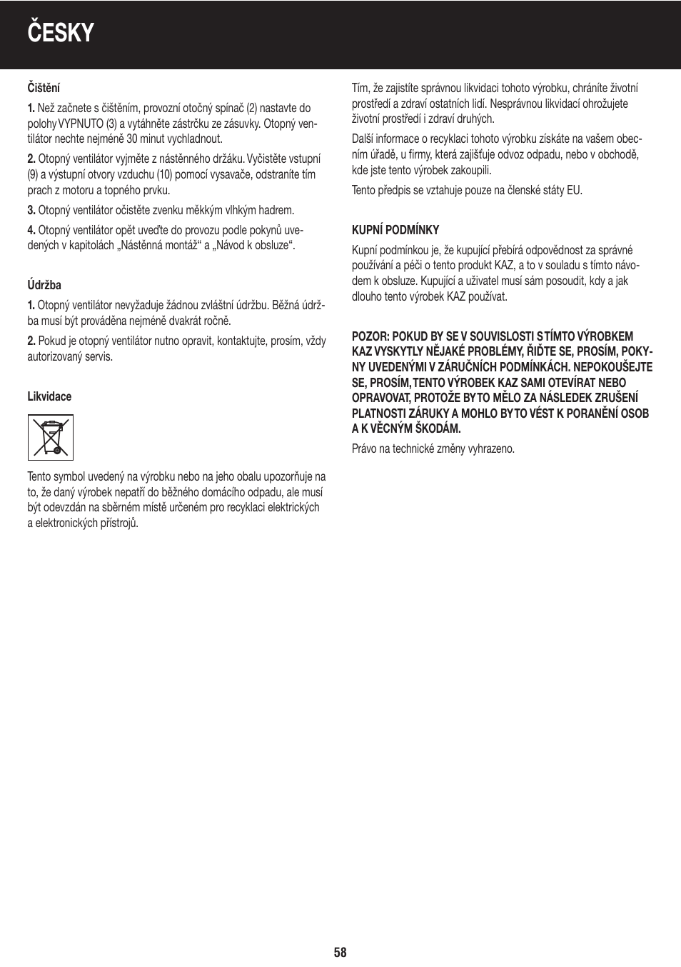 Česky | Honeywell BH-777FTE User Manual | Page 58 / 78