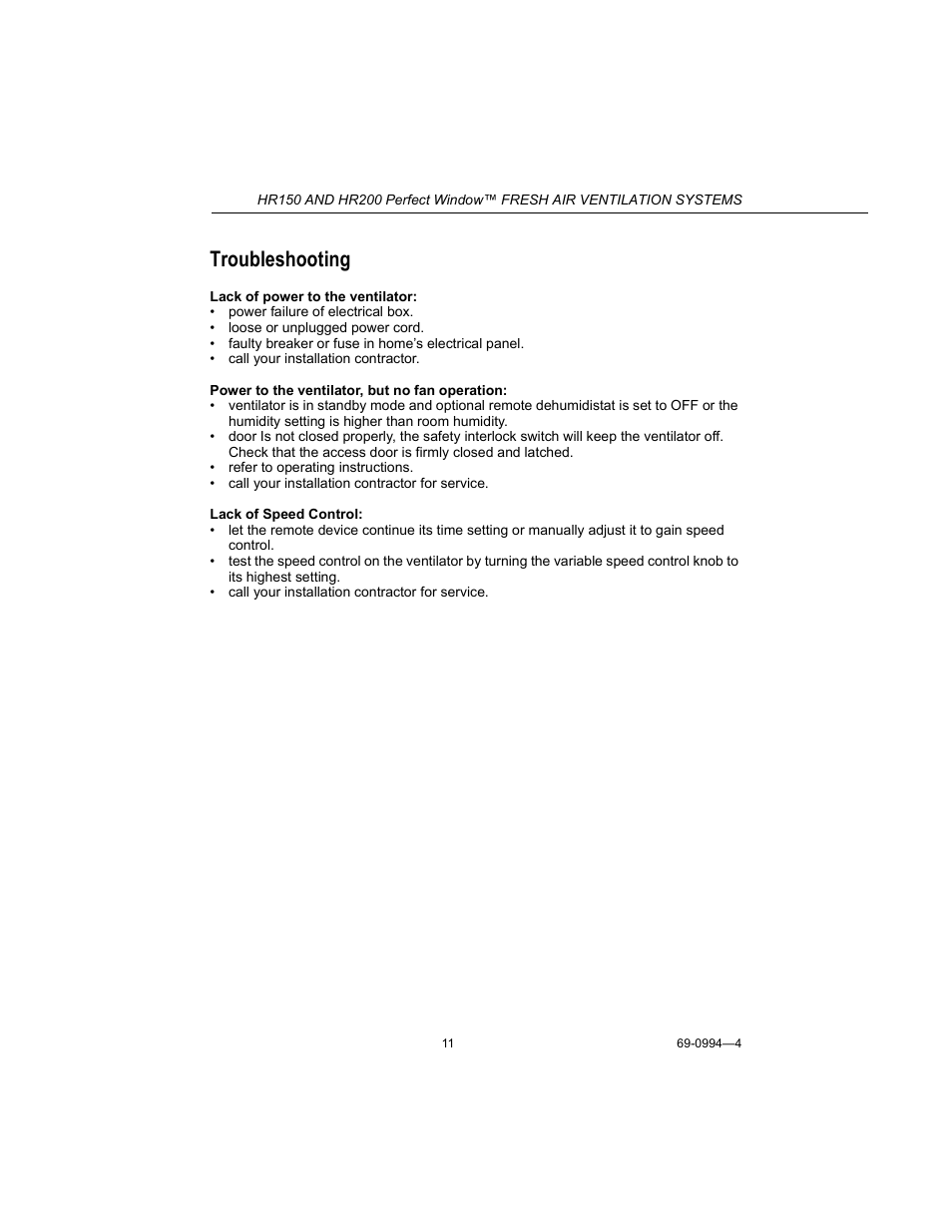 Troubleshooting | Honeywell PERFECT WINDOW HR150 User Manual | Page 11 / 12