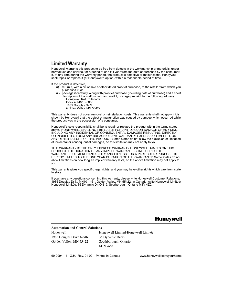 Limited warranty | Honeywell PERFECT WINDOW HR150 User Manual | Page 12 / 12