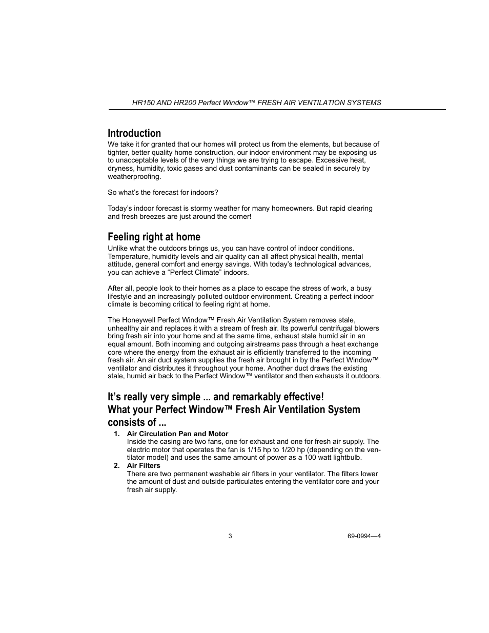 Introduction, Feeling right at home | Honeywell PERFECT WINDOW HR150 User Manual | Page 3 / 12