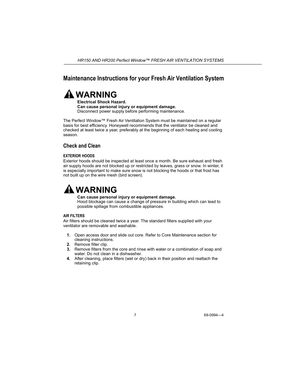 Warning | Honeywell PERFECT WINDOW HR150 User Manual | Page 7 / 12