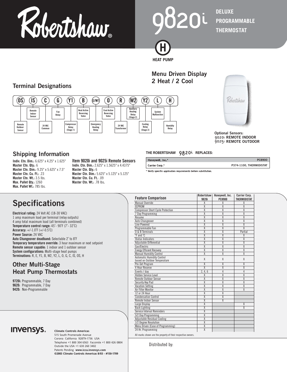 Specifications, Other multi-stage heat pump thermostats, Shipping information | Os is c y1 b o, Deluxe programmable thermostat | Honeywell 9820i User Manual | Page 2 / 2