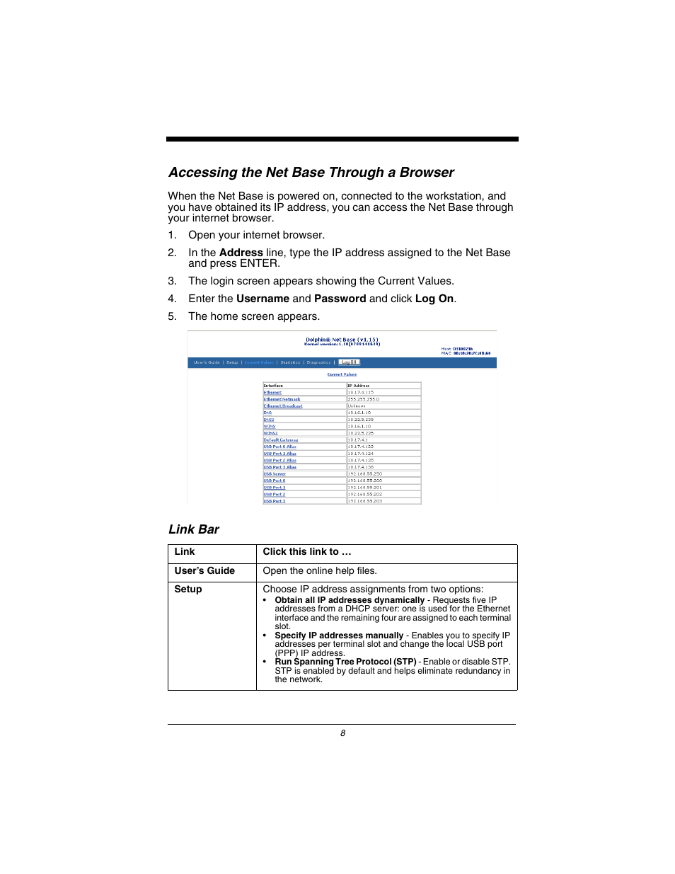 Accessing the net base through a browser, Link bar | Honeywell Dolphin 7900 User Manual | Page 10 / 20