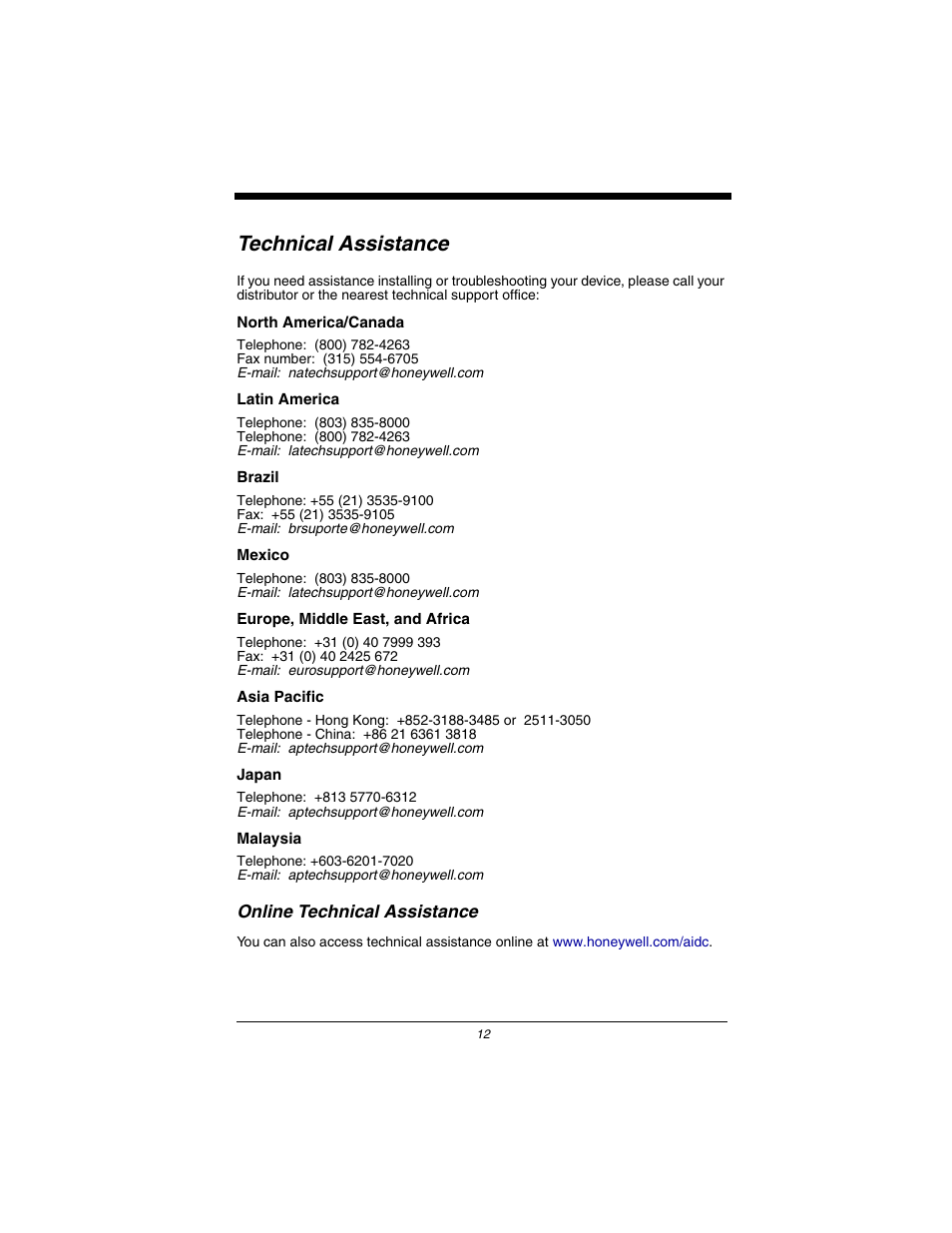 Technical assistance, Online technical assistance | Honeywell Dolphin 7900 User Manual | Page 14 / 20