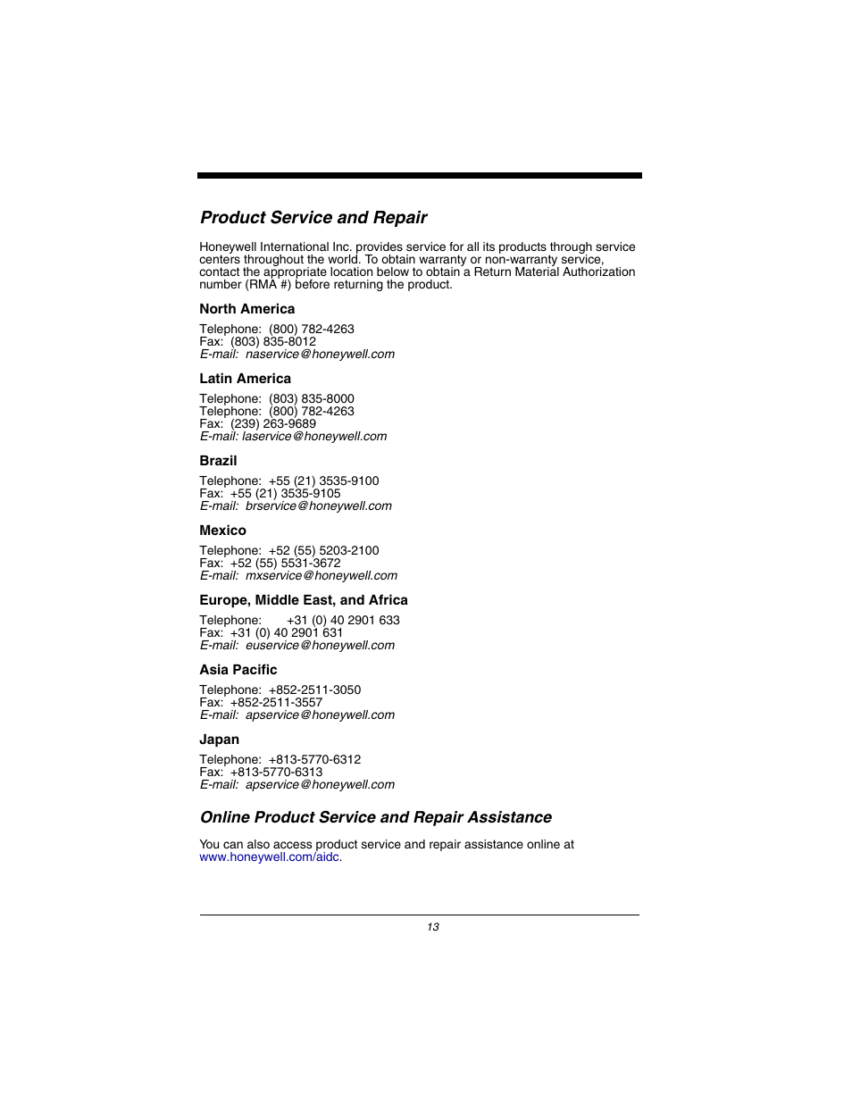 Product service and repair, Online product service and repair assistance | Honeywell Dolphin 7900 User Manual | Page 15 / 20