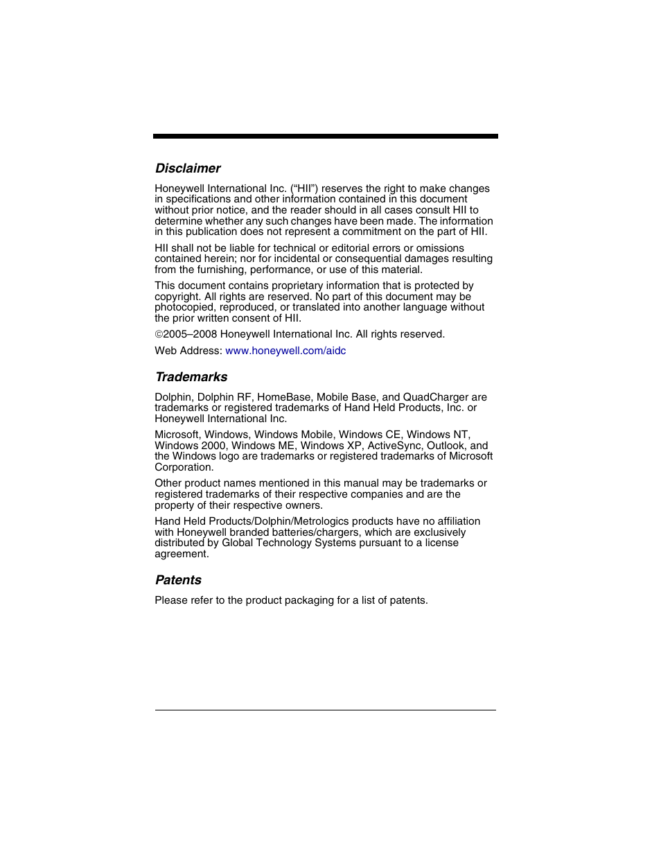 Disclaimer, Trademarks, Patents | Honeywell Dolphin 7900 User Manual | Page 19 / 20