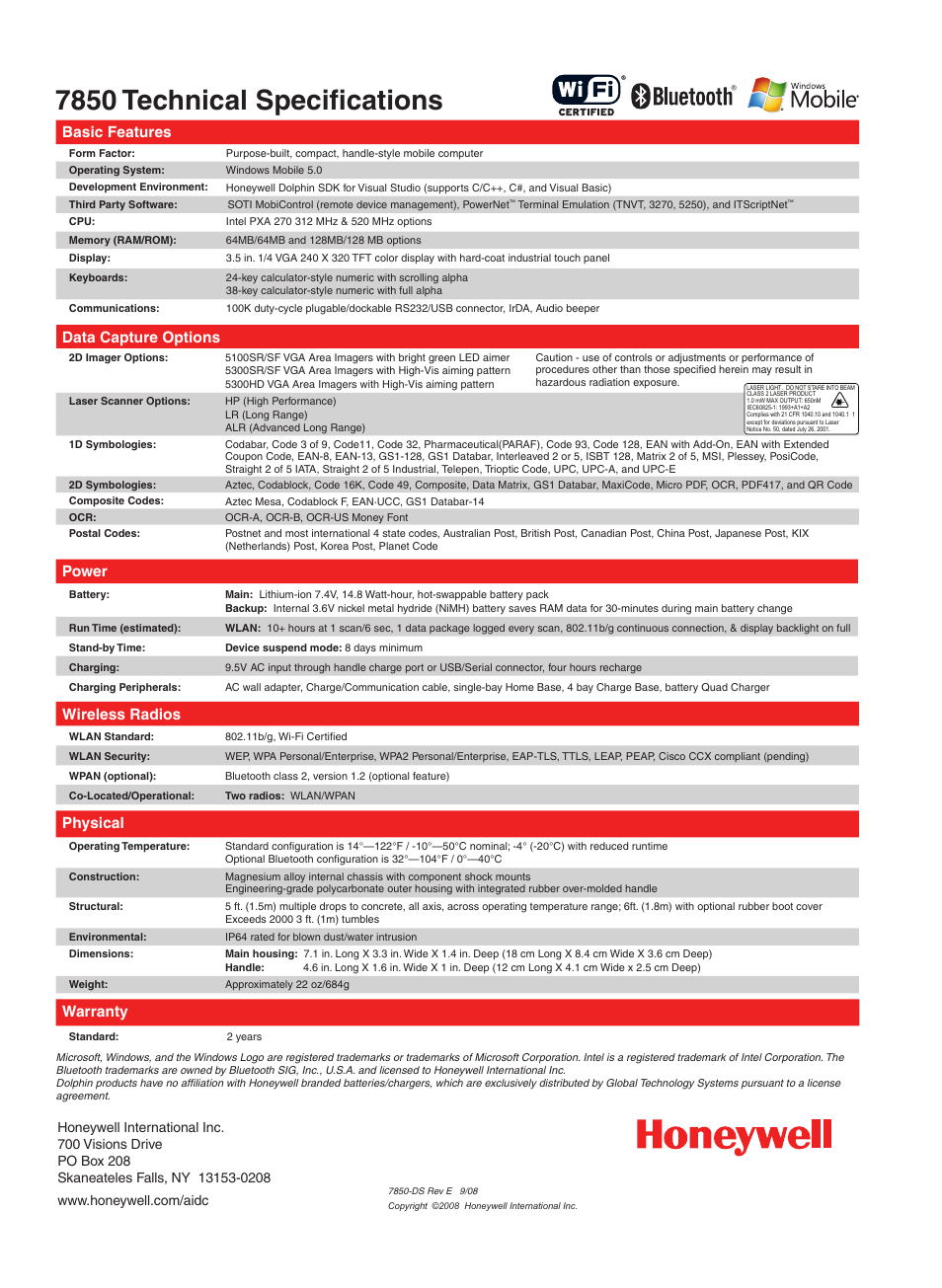7850 technical specifications, Basic features, Data capture options | Power, Wireless radios, Physical, Warranty | Honeywell Dolphin 7850 User Manual | Page 2 / 2