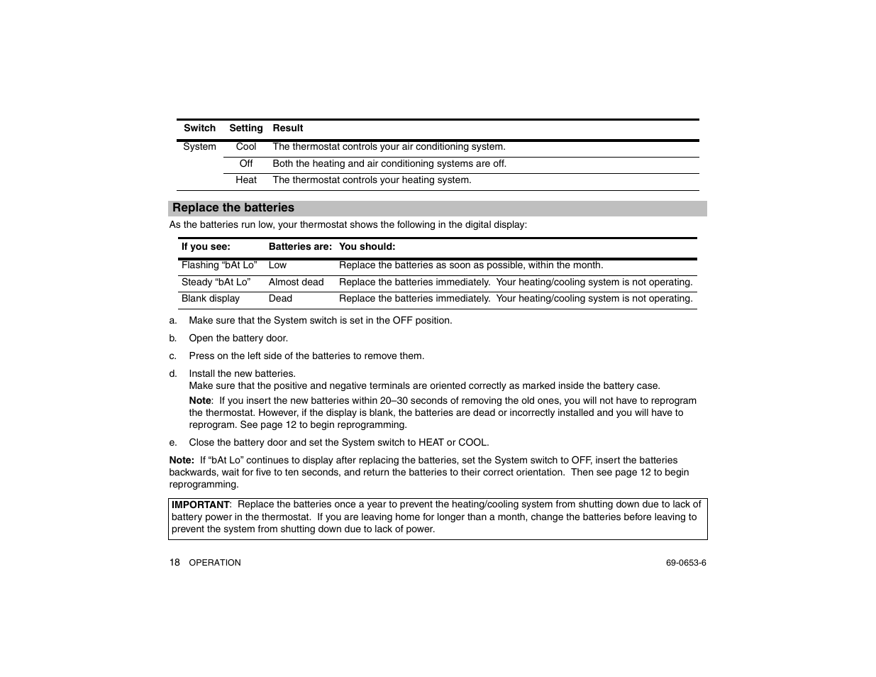 Replace the batteries, B. open the battery door, Ge 18) | Honeywell MAGICSTAT CT3200 User Manual | Page 18 / 24