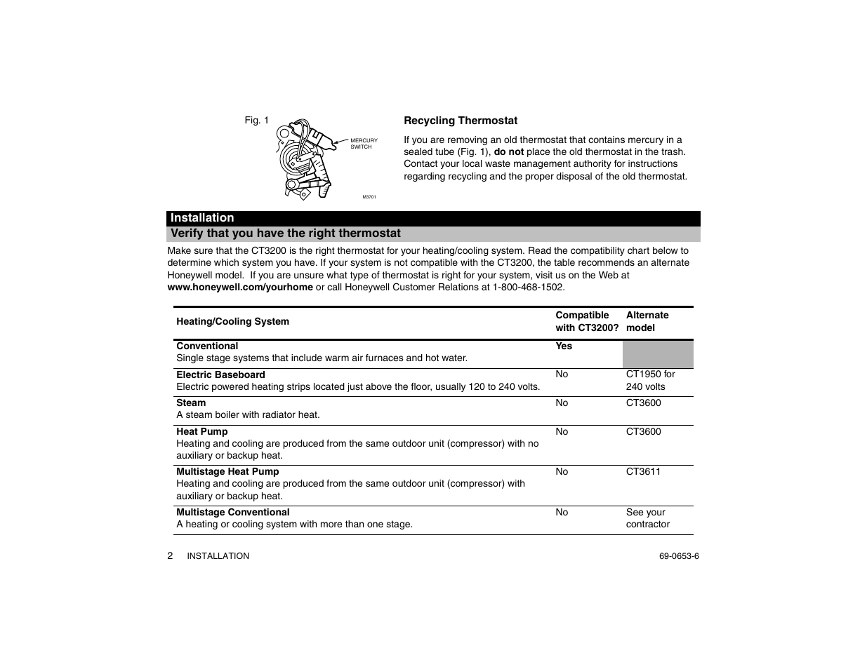 Verify that you have the right thermostat, Recycling thermostat | Honeywell MAGICSTAT CT3200 User Manual | Page 2 / 24