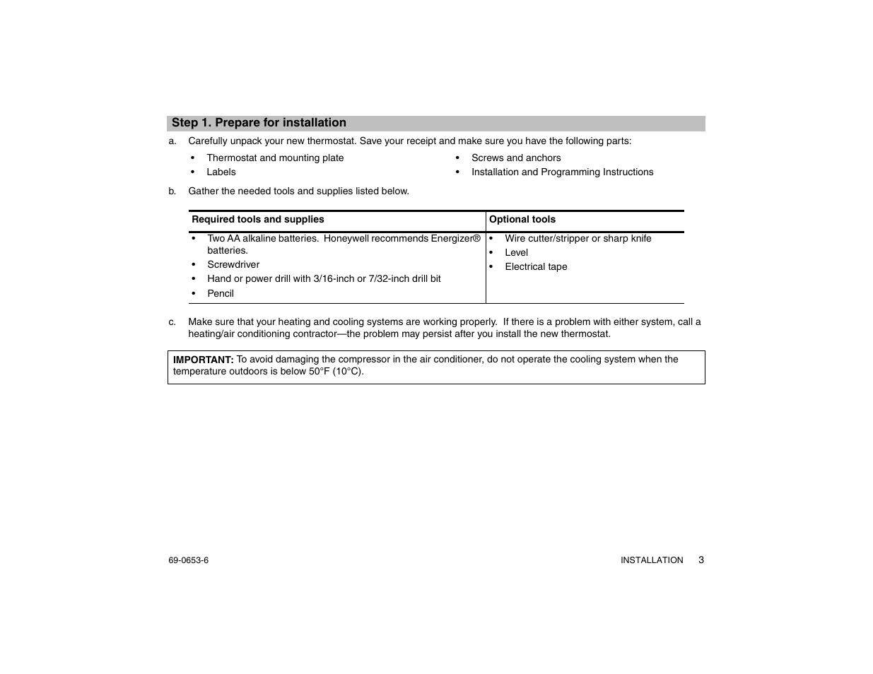 Step 1. prepare for installation | Honeywell MAGICSTAT CT3200 User Manual | Page 3 / 24