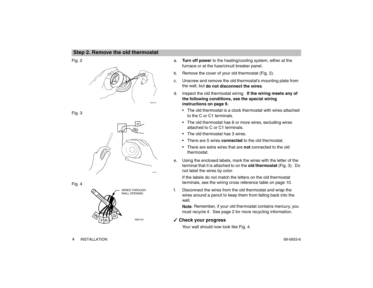 Step 2. remove the old thermostat | Honeywell MAGICSTAT CT3200 User Manual | Page 4 / 24