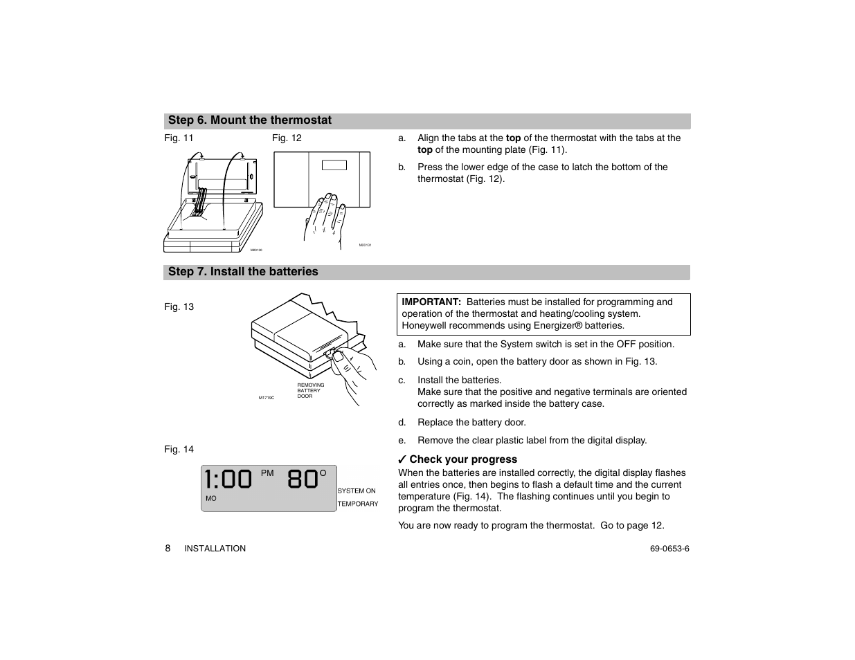 Step 6. mount the thermostat, Step 7. install the batteries, D. replace the battery door | Honeywell MAGICSTAT CT3200 User Manual | Page 8 / 24