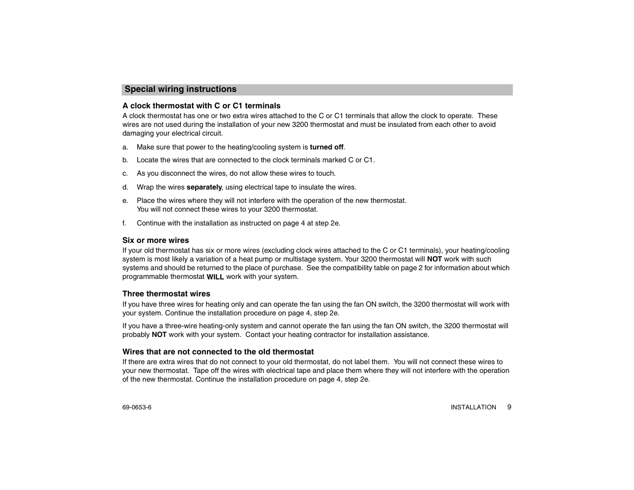 Special wiring instructions, A clock thermostat with c or c1 terminals, Six or more wires | Three thermostat wires, Wires that are not connected to the old thermostat | Honeywell MAGICSTAT CT3200 User Manual | Page 9 / 24