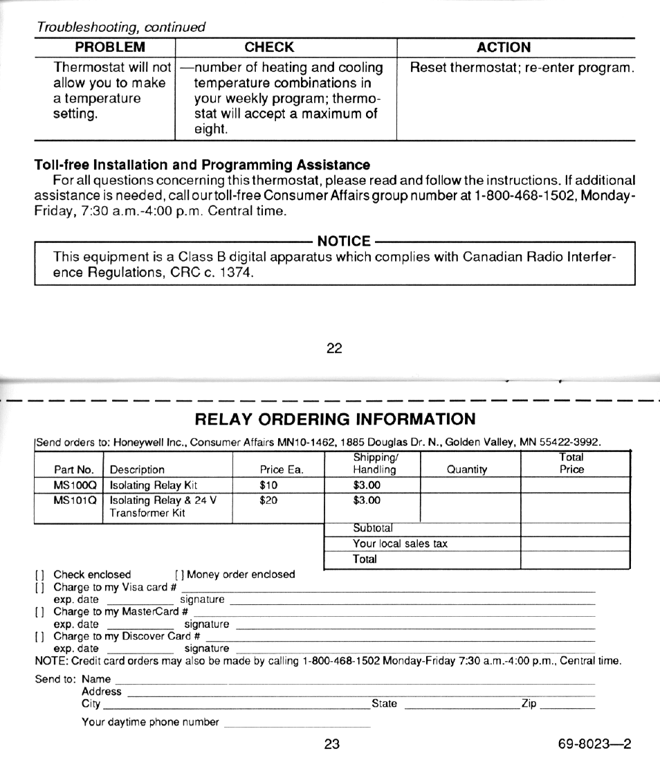 Troubleshooting, continued, Relay ordering information | Honeywell MAGIC STAT CT3100 User Manual | Page 13 / 15