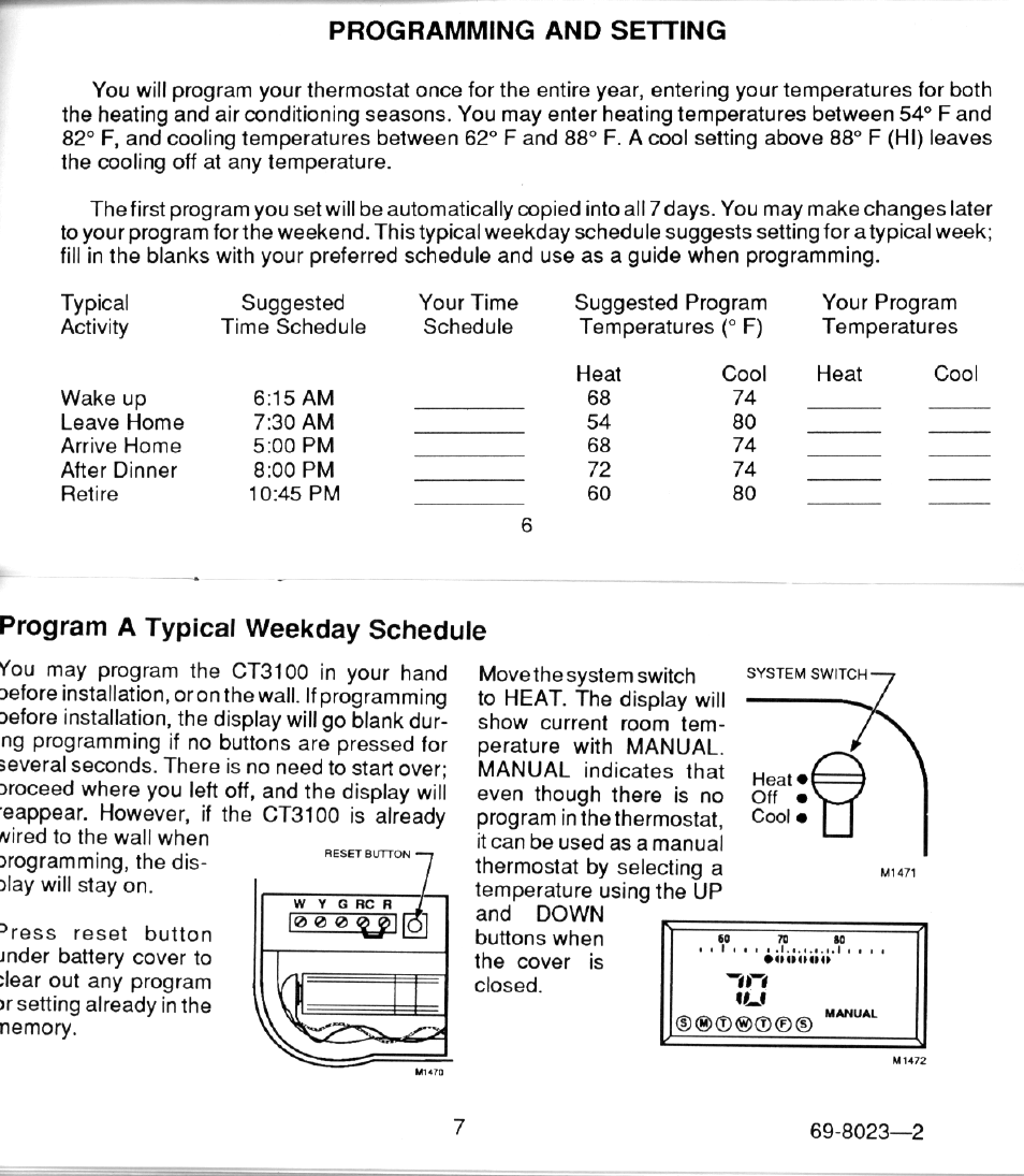 Heat off cool, Programming and setting, Program a typical weekday schedule | Nn %lf | Honeywell MAGIC STAT CT3100 User Manual | Page 5 / 15