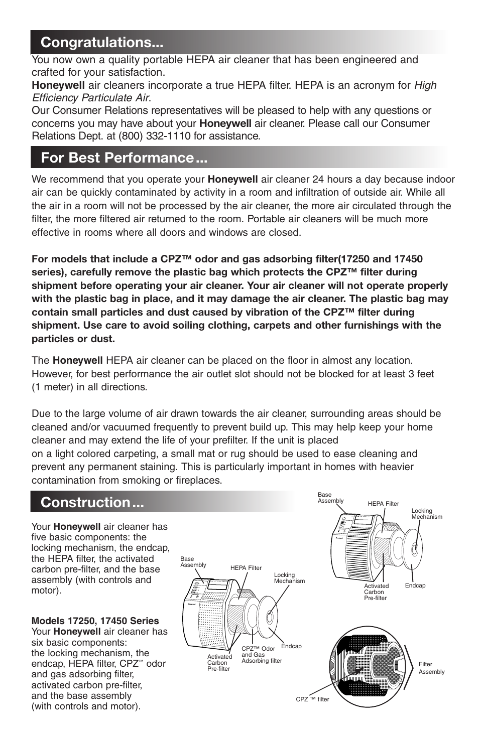 For best performance, Construction | Honeywell 17000 User Manual | Page 3 / 7