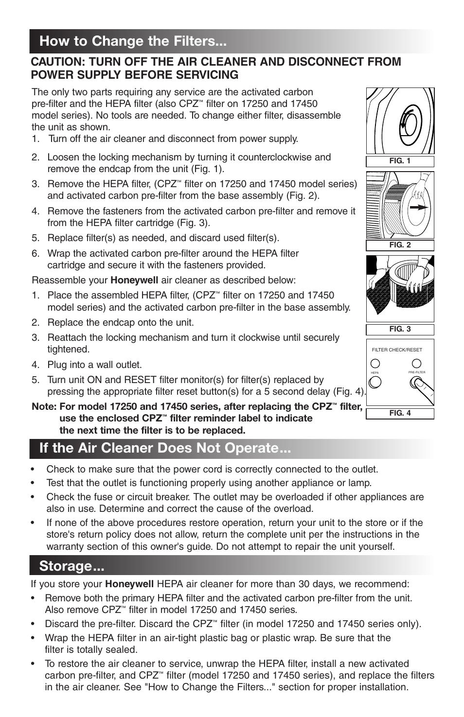 How to change the filters, Storage, If the air cleaner does not operate | Honeywell 17000 User Manual | Page 6 / 7