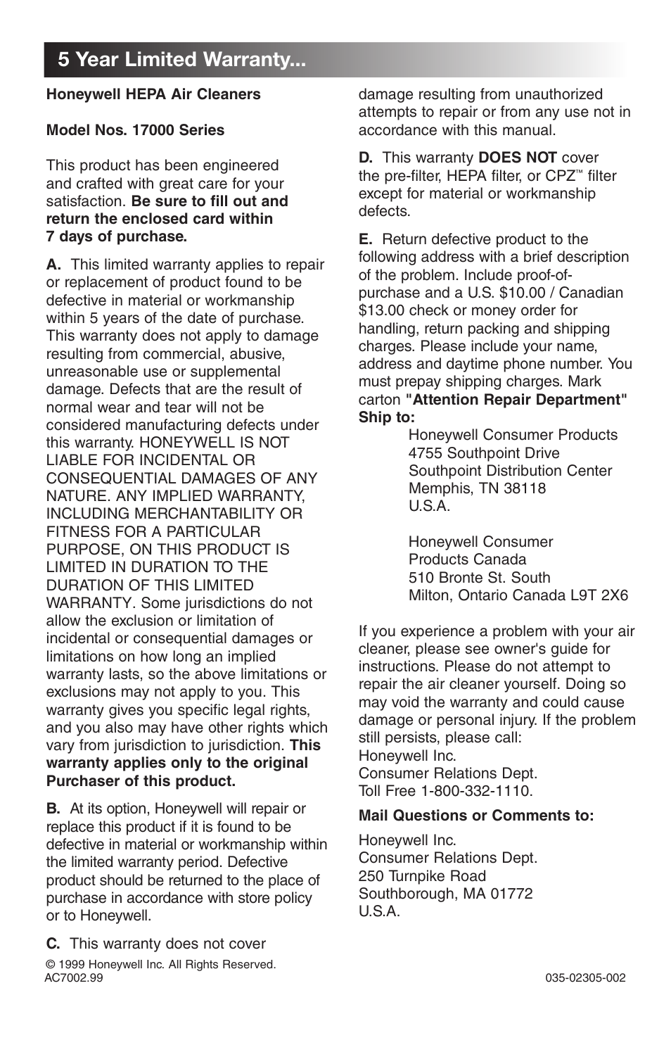 5 year limited warranty | Honeywell 17000 User Manual | Page 7 / 7