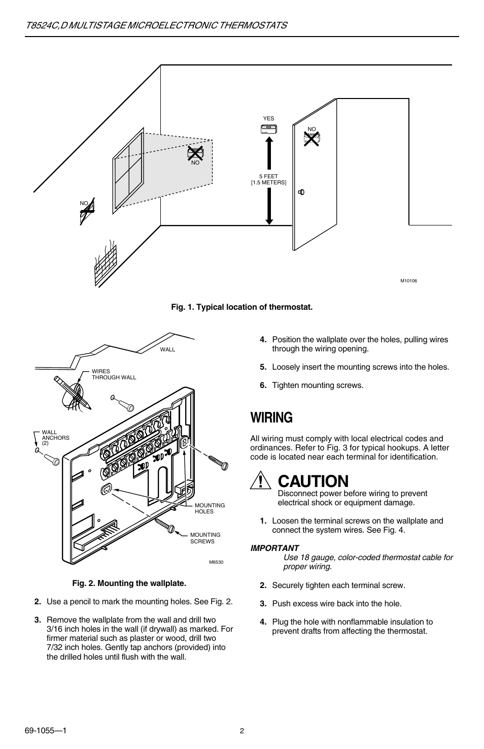 Caution, Wiring, T8524c,d multistage microelectronic thermostats | Honeywell DMULTISTAGE T8524C User Manual | Page 2 / 12