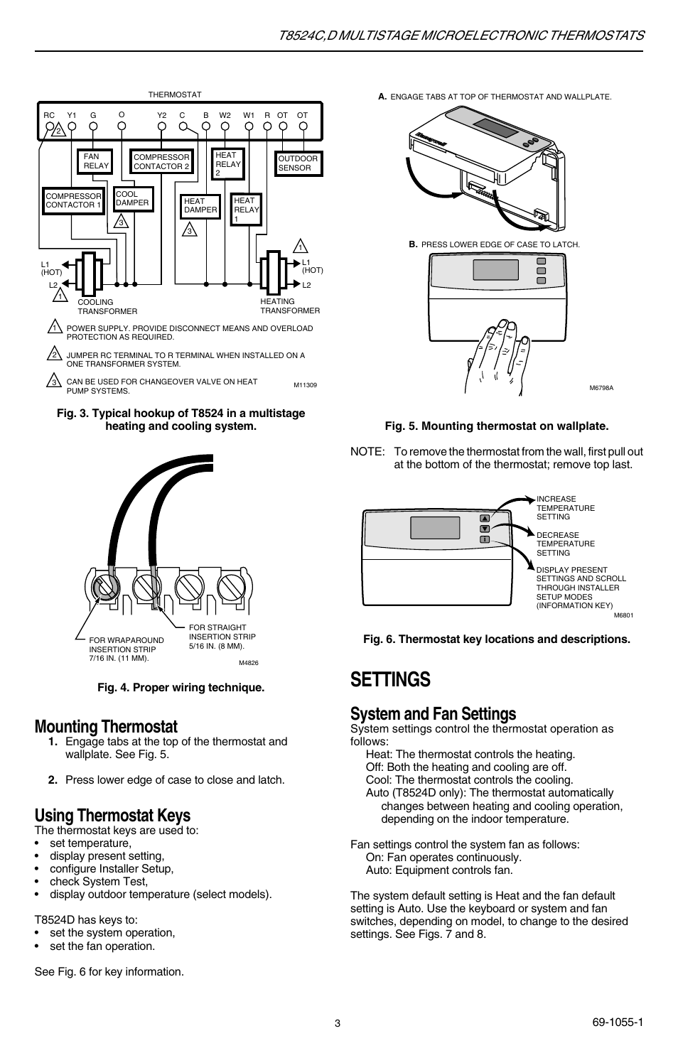 Settings, Mounting thermostat, Using thermostat keys | System and fan settings, T8524c,d multistage microelectronic thermostats | Honeywell DMULTISTAGE T8524C User Manual | Page 3 / 12