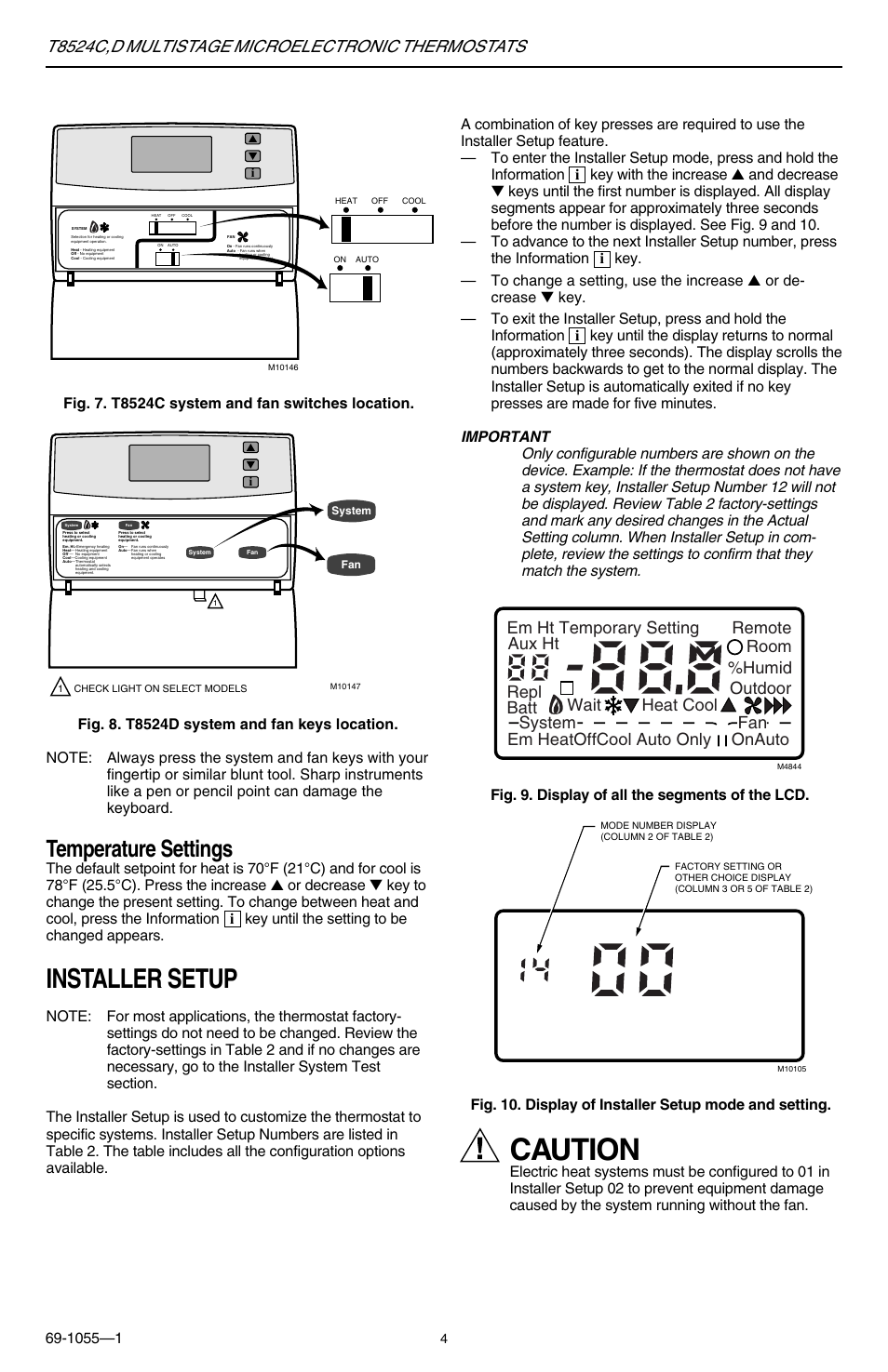 Caution, Installer setup, Temperature settings | T8524c,d multistage microelectronic thermostats | Honeywell DMULTISTAGE T8524C User Manual | Page 4 / 12