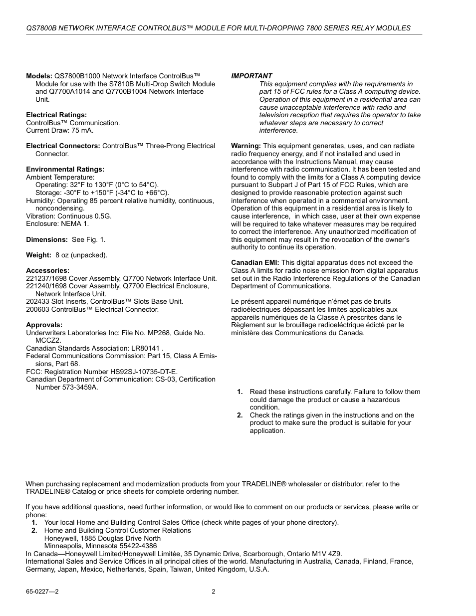 Specifications, Installation, When installing this product | Ordering information | Honeywell CONTROLBUS QS7800B User Manual | Page 2 / 8