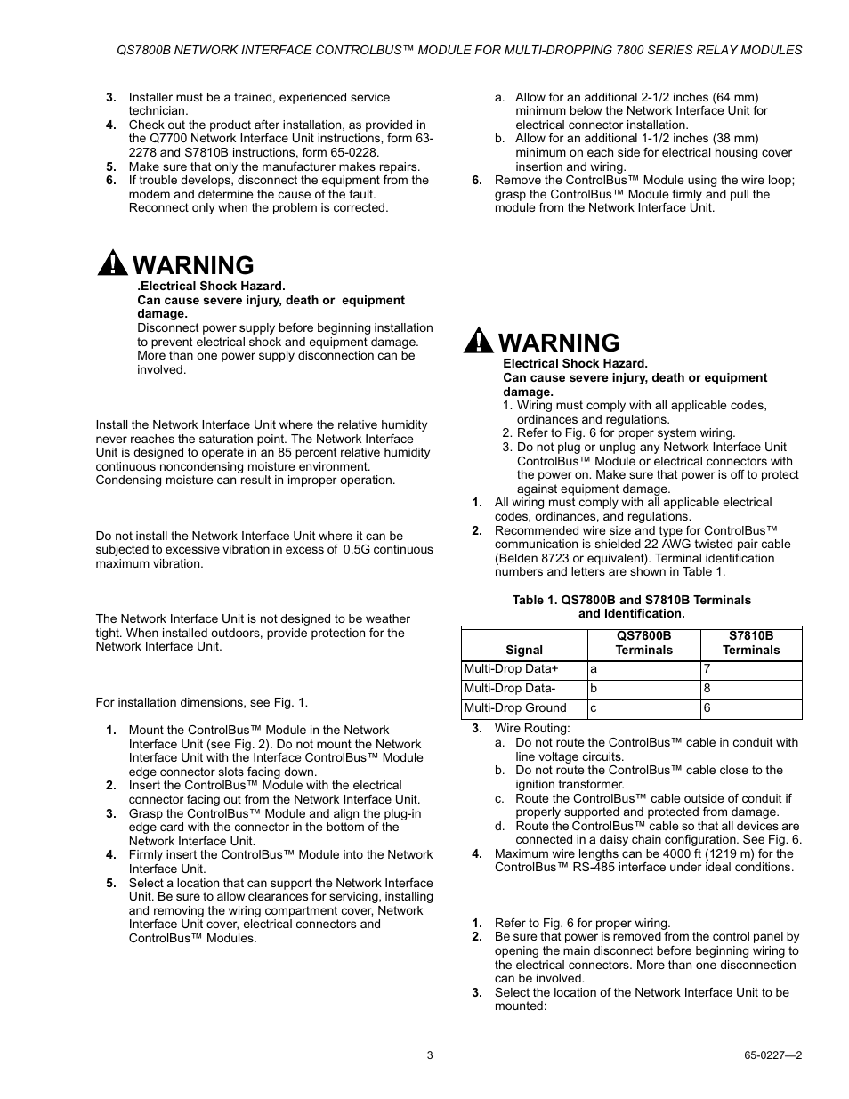 Humidity, Vibration, Weather | Mounting the network interface plug-in card, Wiring, Wiring requirements, Procedure, Warning | Honeywell CONTROLBUS QS7800B User Manual | Page 3 / 8