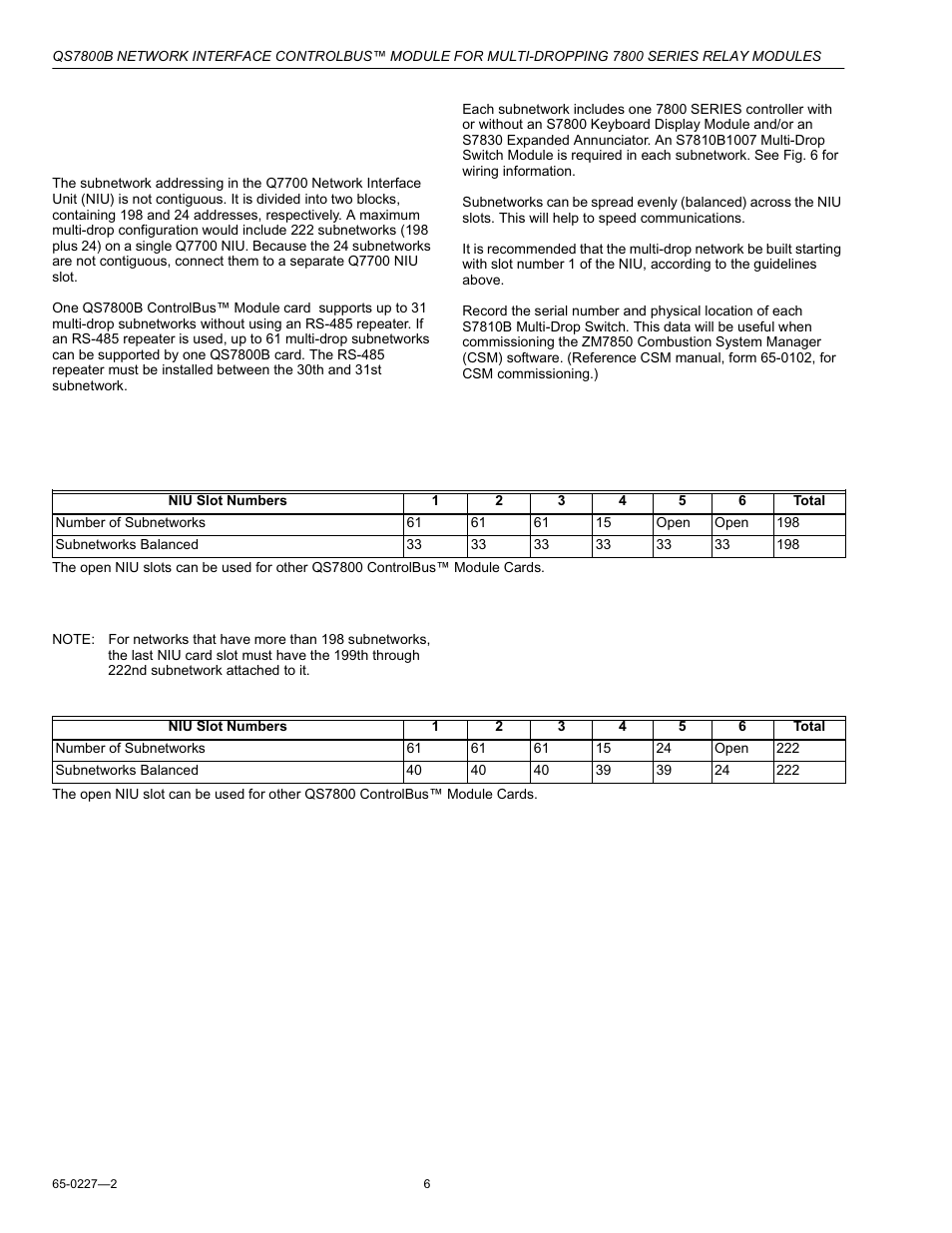 Building a multi-drop network, Guidelines, Examples | Network with maximum of 198 subnetworks, Network with maximum of 222 subnetworks | Honeywell CONTROLBUS QS7800B User Manual | Page 6 / 8